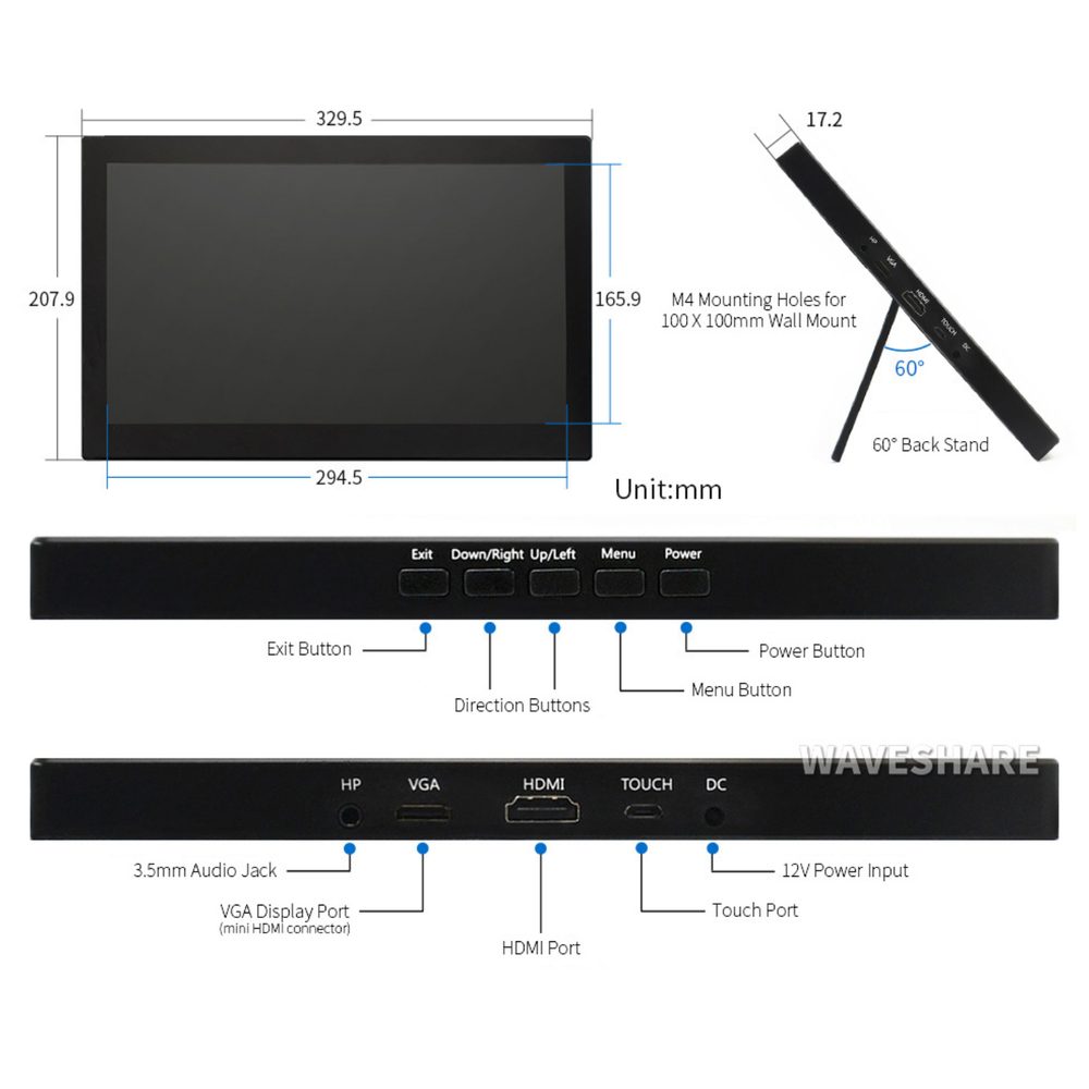 Waveshare 13.3-Inch 1920×1080 HDMI IPS Capacitive Touchscreen LCD Display with Case V2 -Displays -LCD Displays -Robocraze