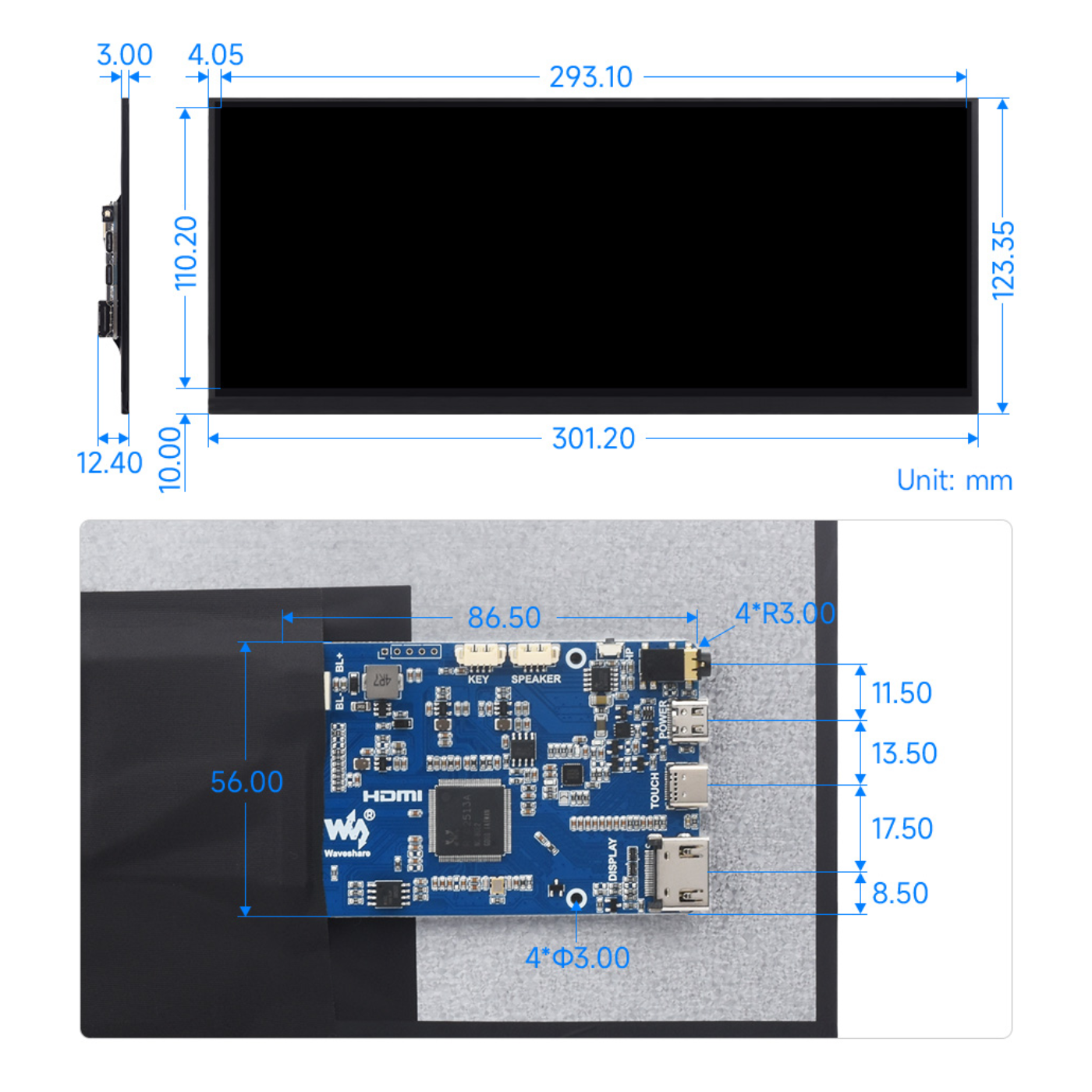 Waveshare 1920×720 12.3-Inch IPS LCD Touchscreen Display – In-Cell Technology, 10-Point Touch, HDMI & Type-C Interface -Displays -LCD Display -Robocraze