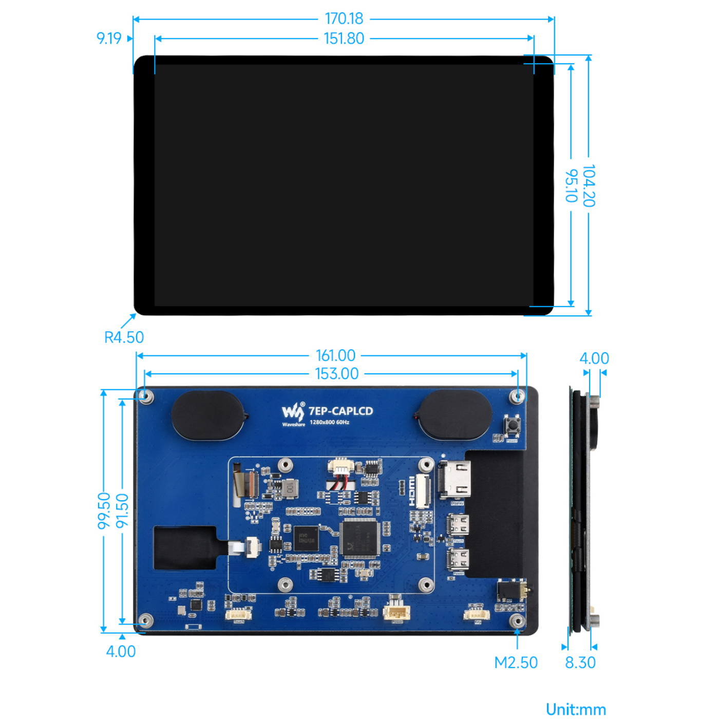 Waveshare 7-Inch 1280×800 HDMI IPS Capacitive Touch Display with Optical Bonding & Toughened Glass -Displays -LCD Displays -Robocraze
