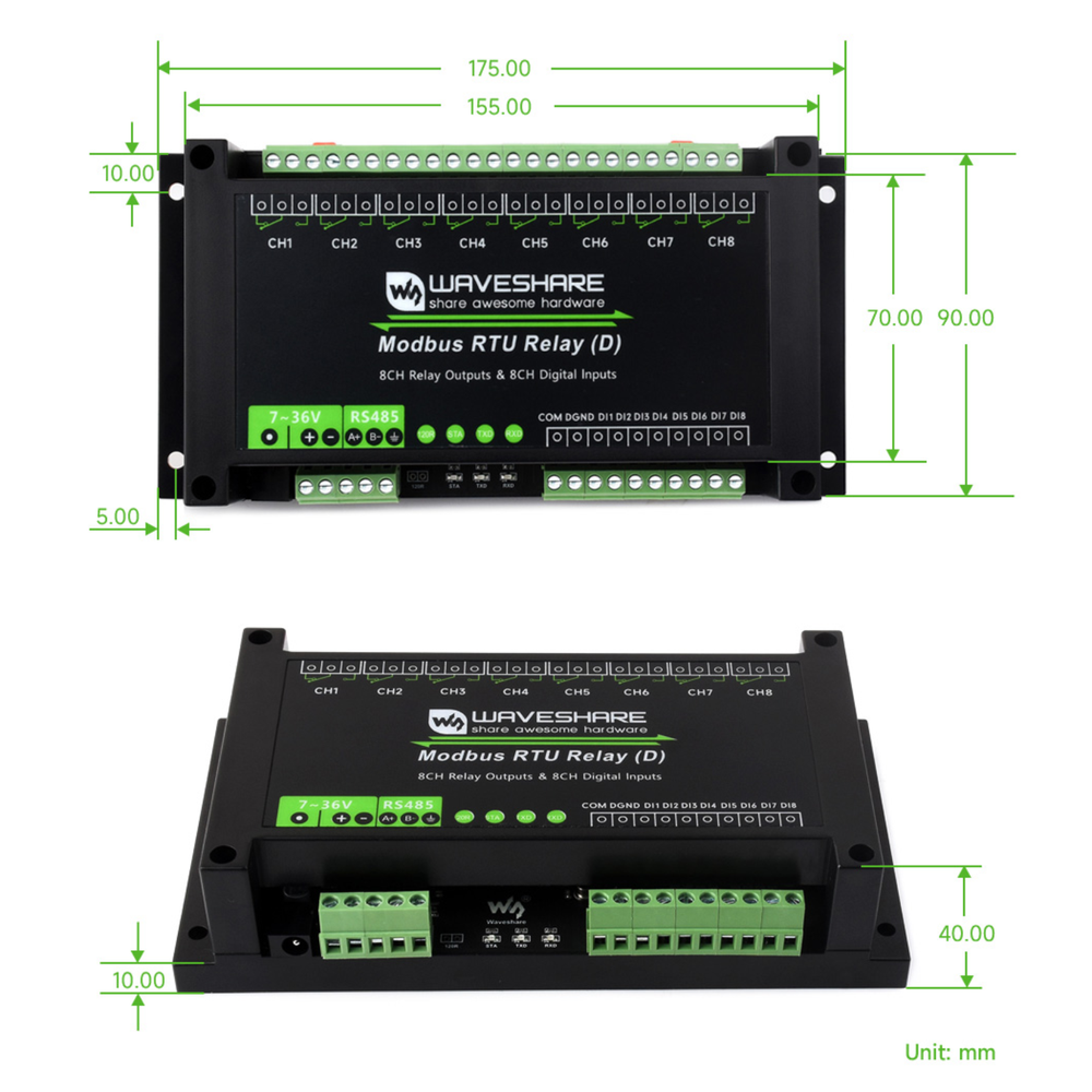 Waveshare 8-Channel Industrial Modbus RTU Relay Module (D) – RS485 Interface, Digital Input & 7–36V Power Supply -Electronic Modules -Relays -Robocraze