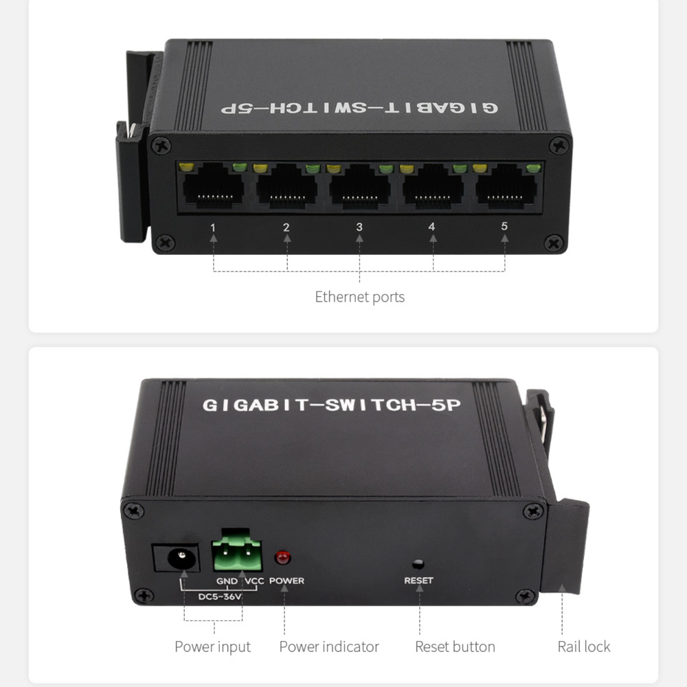 Waveshare Industrial 5-Port Gigabit Ethernet Switch – 10/100/1000Mbps Full-Duplex, DIN Rail Mount -Cables -Ethernet -Robocraze