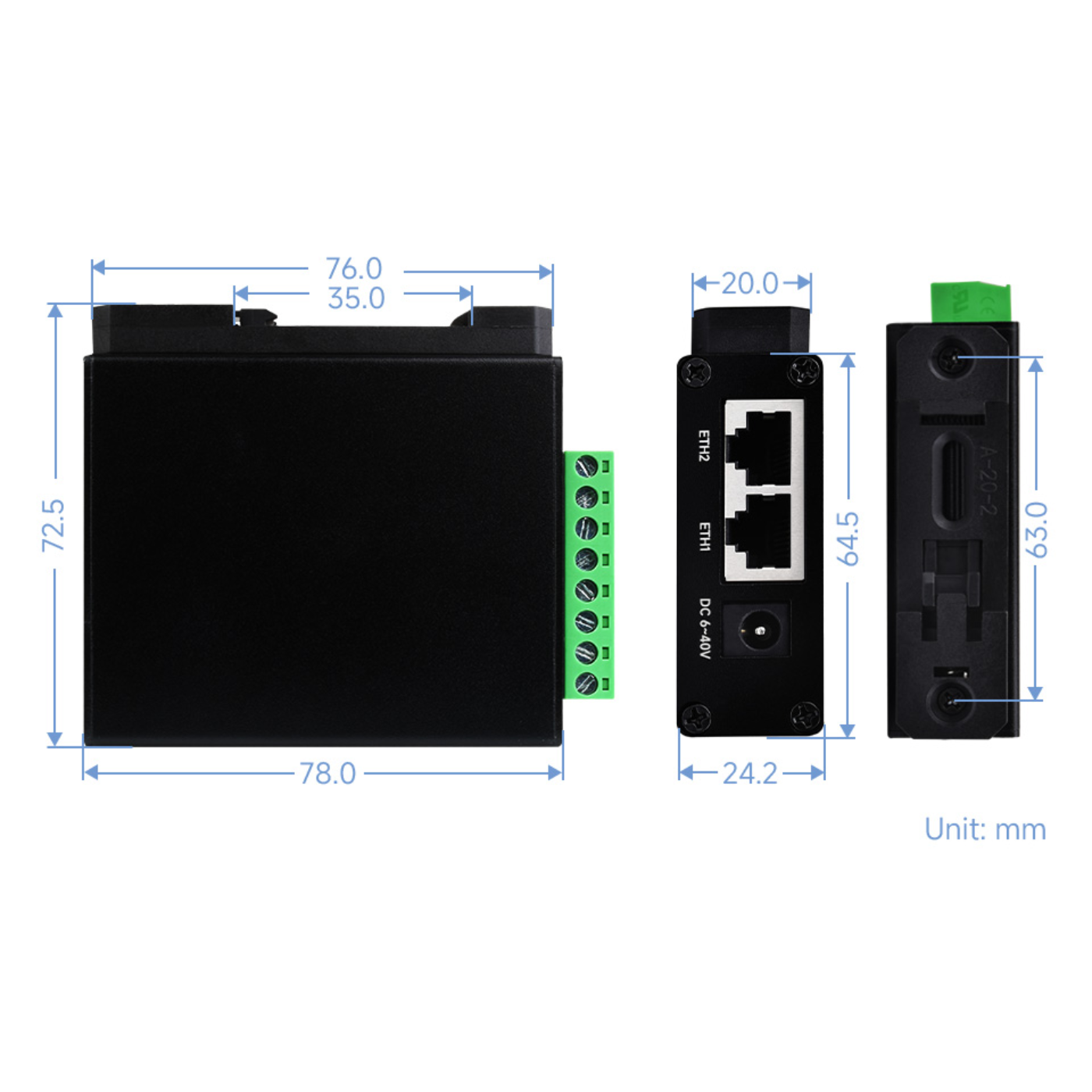 Waveshare Industrial Isolated RS232/RS485 to PoE Ethernet Serial Server (B) with Dual RJ45 Ports -Cables -Ethernet -Robocraze