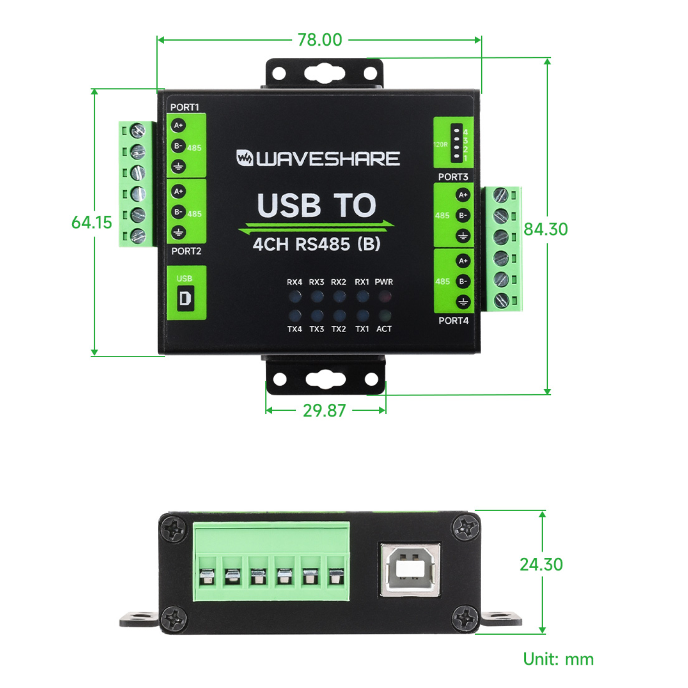 Waveshare Industrial Isolated USB to 4-Channel RS485 Converter – CH344L Chip & Multi-Protection -Cables -USB Cables -Robocraze