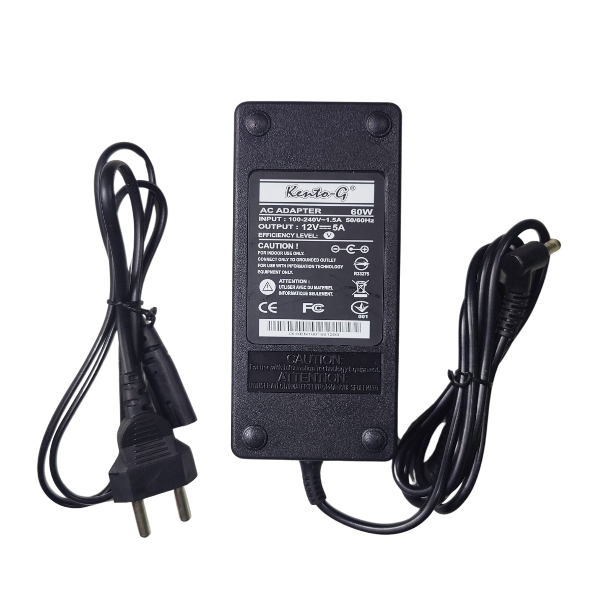 Kento-G 12V Power Adapter 5A 60W with 5.5mm DC Plug Standard AC to DC Power Supply -Batteries & Power Supply -AC-DC Converters -Robocraze