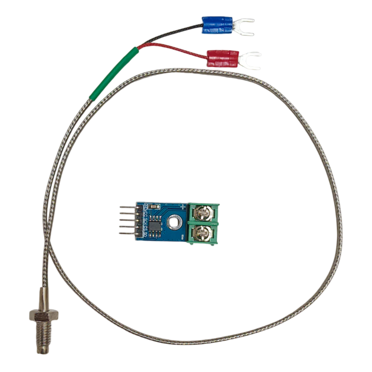 MAX6675 + K-Type Thermocouple – Precise temp sensing module with M6 screw & jumper wires. -Robocraze