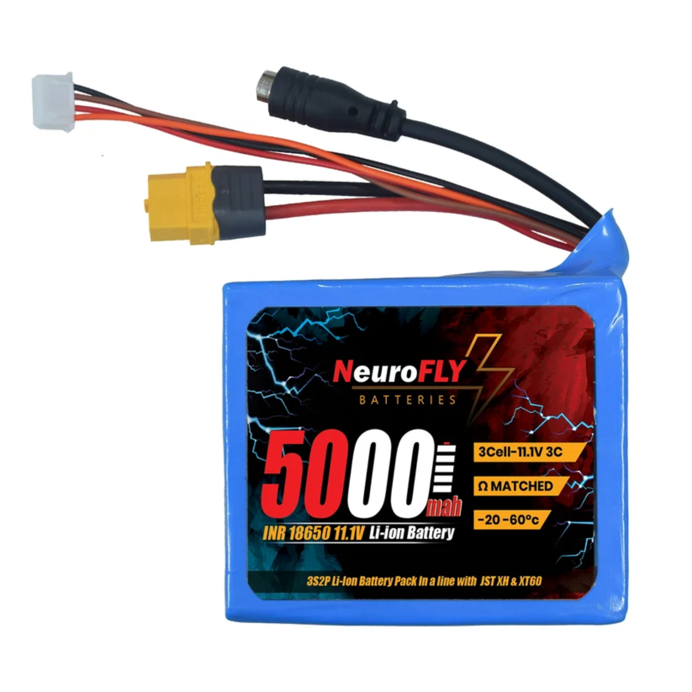 NeuroFLY RS9355 11.1V 5000mAh 3S2P 18650 Li-Ion Battery Pack with XT60, JST & DC Jack -Batteries & Power Supply -Li-Ion Batteries -Robocraze