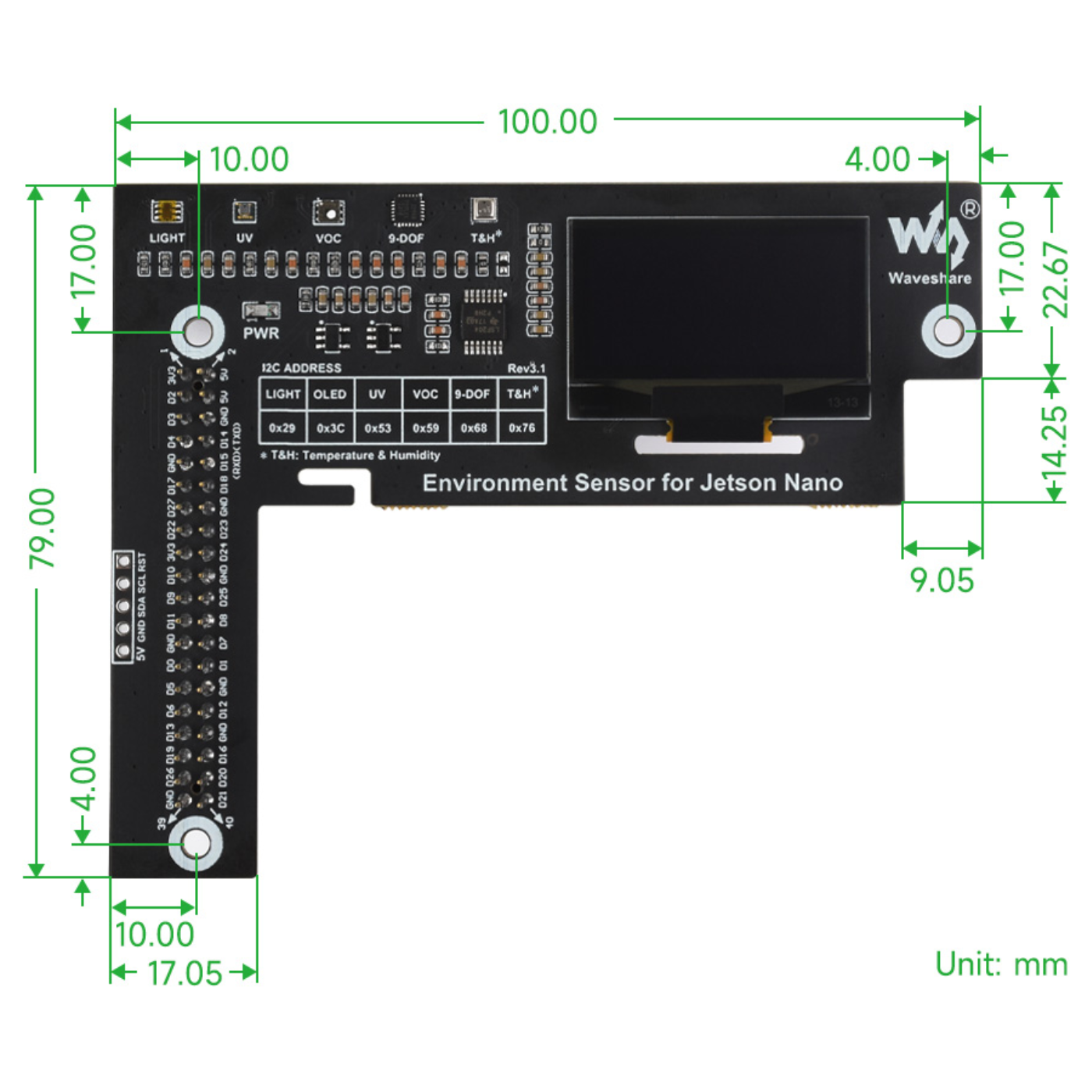Waveshare Environment Sensor Module for Jetson Nano with 1.3inch OLED Display and I2C Bus