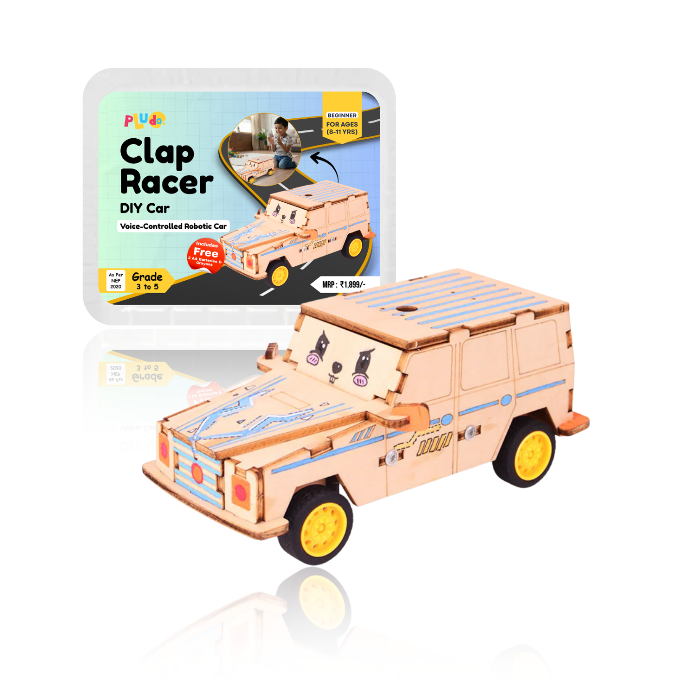 Pludo Clap Racer DIY Car Kit for Kids 8–11 | Grade 3–5 Voice-Controlled Robotic Car