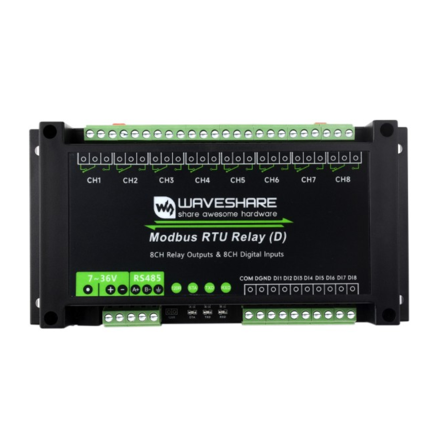 Waveshare 8-Channel Industrial Modbus RTU Relay Module (D) – RS485 Interface, Digital Input & 7–36V Power Supply -Electronic Modules -Relays -Robocraze