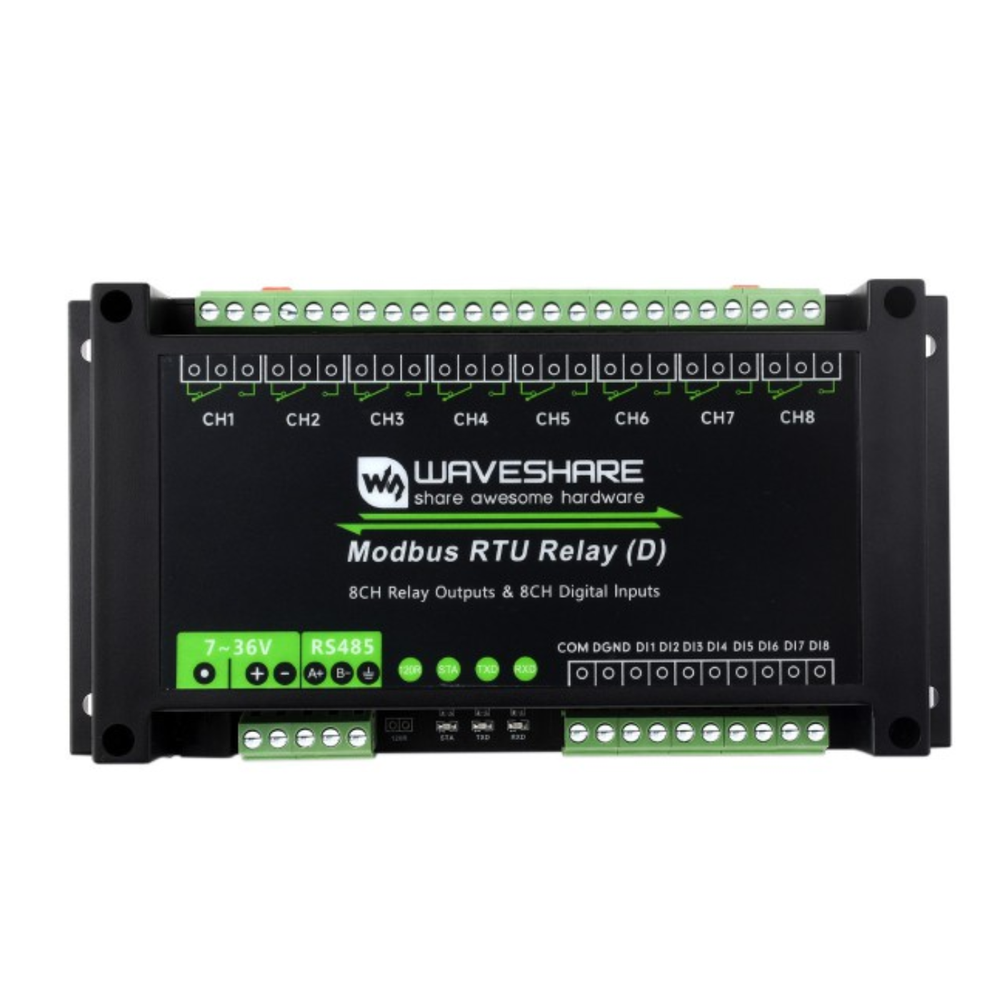 Waveshare 8-Channel Industrial Modbus RTU Relay Module (D) – RS485 Interface, Digital Input & 7–36V Power Supply -Electronic Modules -Relays -Robocraze