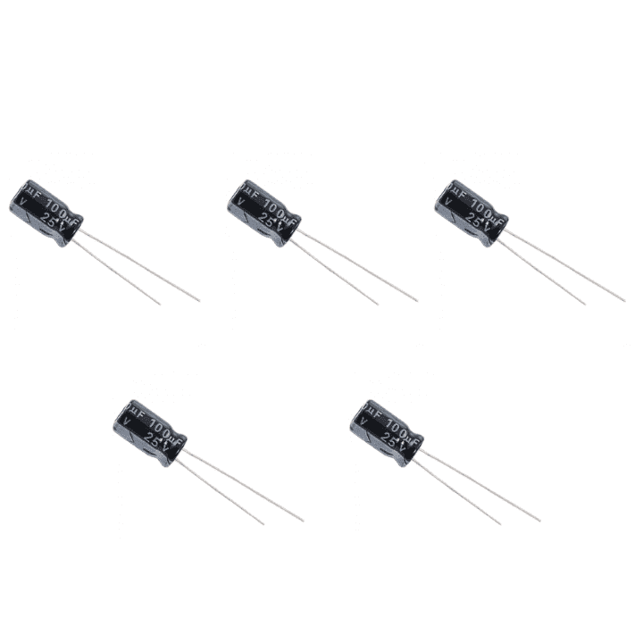 100uF / 25V Electrolytic Capacitor (5PC) – Stable voltage supply capacitors. -Basic Components -Robocraze