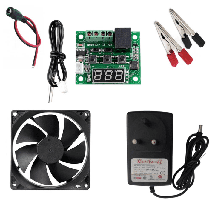 combo of w1209 digital thermostat temperature controller with 12v 2amp adapter, 12v dc 0.15a fan, dc female jack/splitter and alligator clips