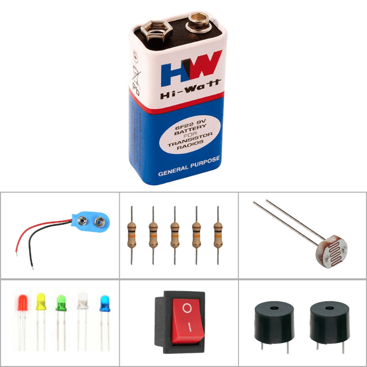 Hi-Watt 9V Battery + Buzzer, LDR & LED – Electronics starter kit. -Robocraze