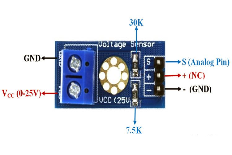 Voltage Sensor Module 25V - Measures voltage levels up to 25V. -Voltage Sensor -Robocraze