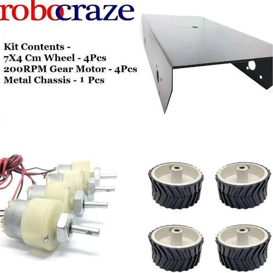 200 RPM GEAR MOTOR + 7X4cm WHEEL + 6-7 INCH BLACK METAL CHASSIS-Robocraze