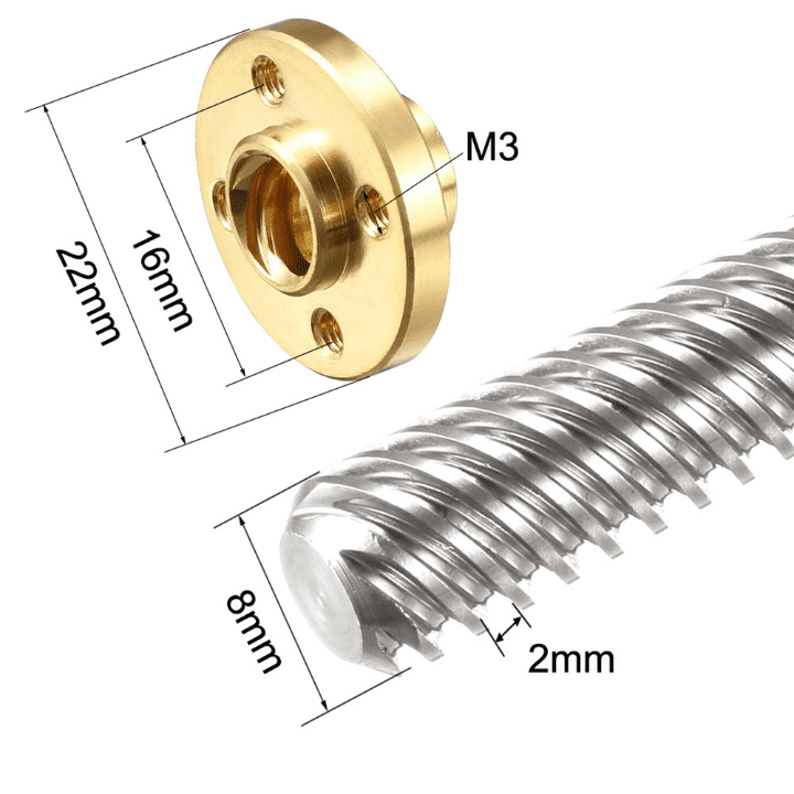 150mm Trapezoidal 4 Start Lead Screw 8mm Thread 2mm Pitch Lead Screw with Copper Nut-Robocraze