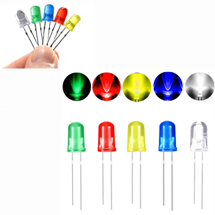 LED Combo (R-G-Y-B-W) 5mm - 10pcs Each – Multi-color LED pack for DIY projects - Electronic Components - Robocraze