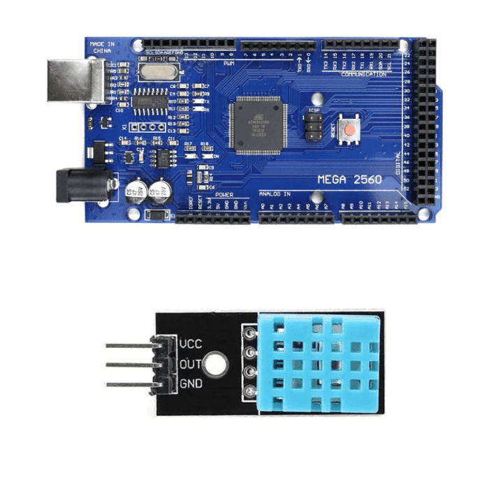 Arduino Mega 2560 + DHT11 Module – Mega 2560 board with DHT11 for temperature monitoring. -DIY Sensor Kit -Robocraze