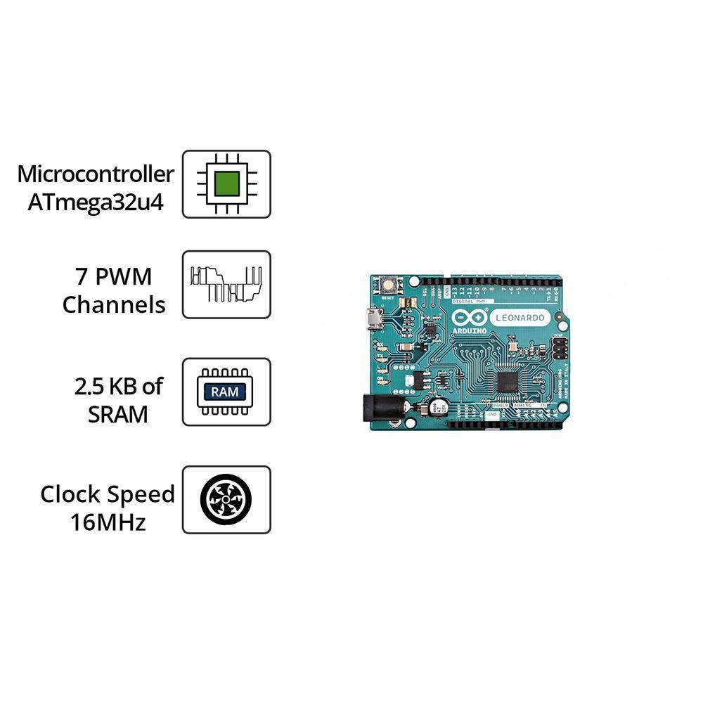Arduino Leonardo (With Headers) – ATmega32U4 board with USB keyboard/mouse support. -Original Arduino Board -Robocraze