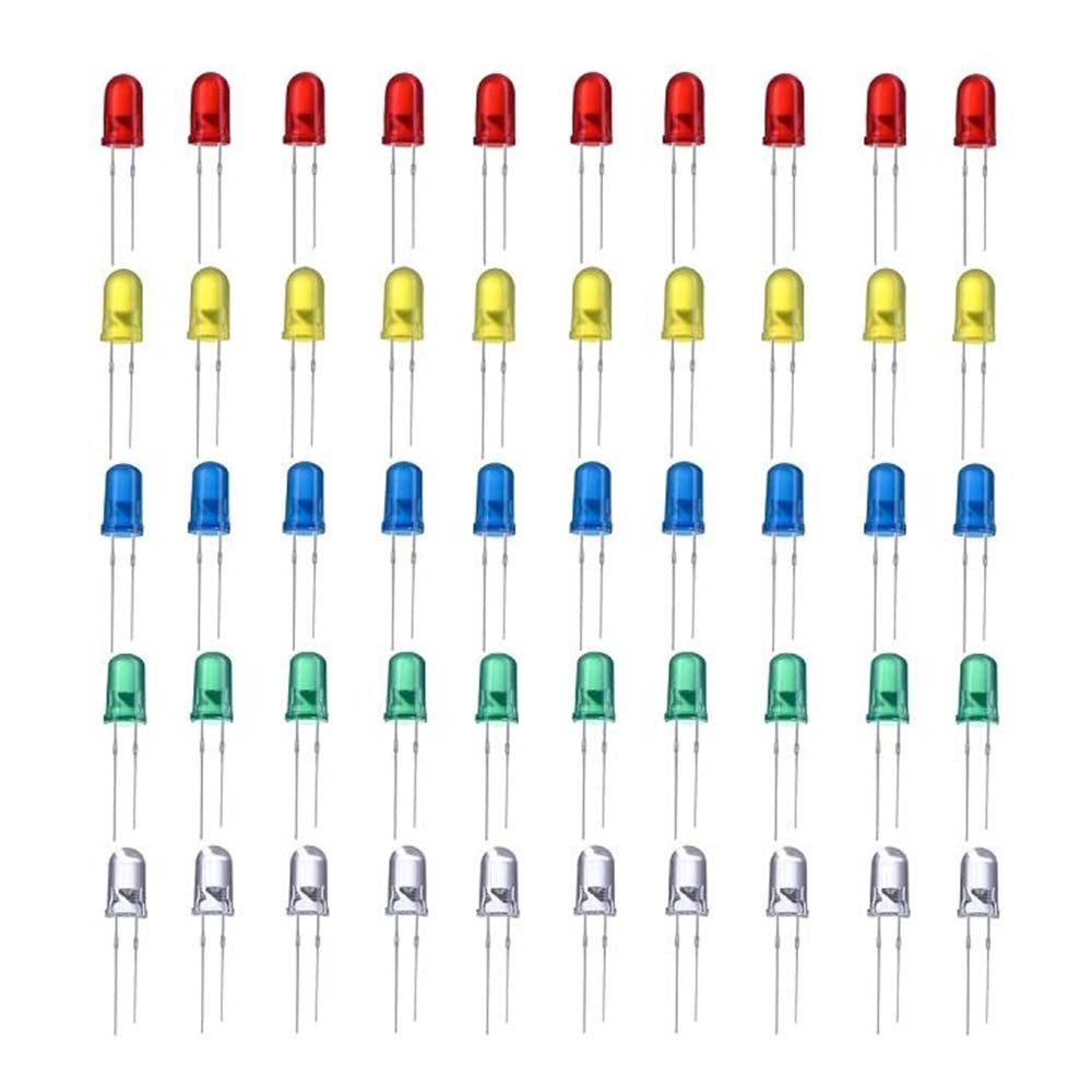 LED Combo (R-G-Y-B-W) 5mm - 10pcs Each – Multi-color LED pack for DIY projects - Electronic Components - Robocraze