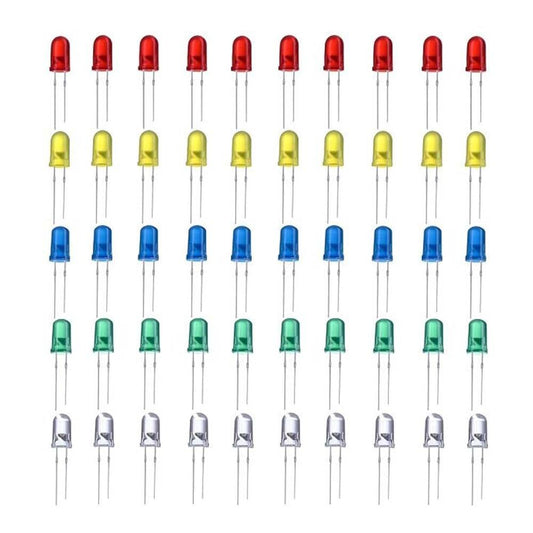 LED Combo (R-G-Y-B-W) 5mm - 10pcs Each – Multi-color LED pack for DIY projects - Electronic Components - Robocraze