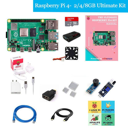 Raspberry Pi4 2-4-8GB Model 4B Ultimate Kit- Case, Power Adapter, Heatsink, Fan, HDMI Cable, Ethernet Cable, 16-32-64 GB SD Card, Sensors and Manual-Robocraze