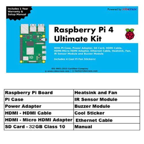 Raspberry Pi4 8GB Model B Ultimate Kit- Case, Power Adapter, Heatsink, Fan, HDMI Cable, Ethernet Cable, 32 GB SD Card, Sensors and Manual-Robocraze